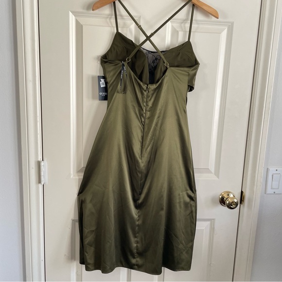 Guess Women’s Olive Satin Slip Dress Cross Back Straps Lace Trim Detail Cocktail - Picture 4 of 16